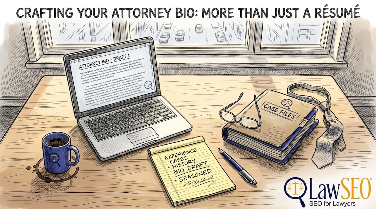Attorney writing professional bio at desk