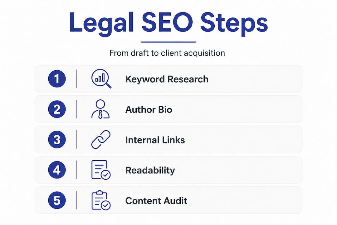 Infographic showing five steps for legal SEO