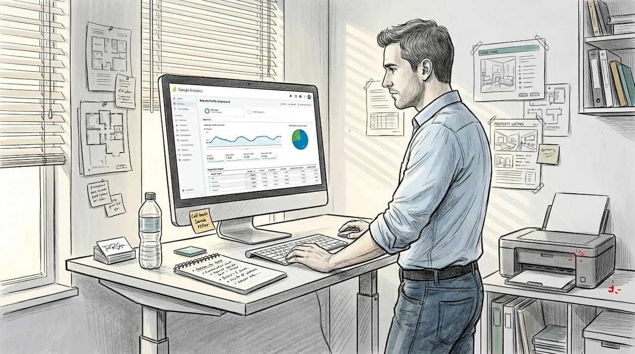 Agent analyzing website lead data standing