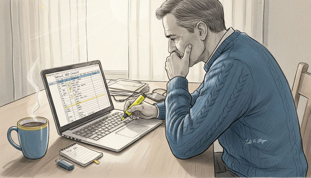 Man performing SEO technical audit at kitchen table