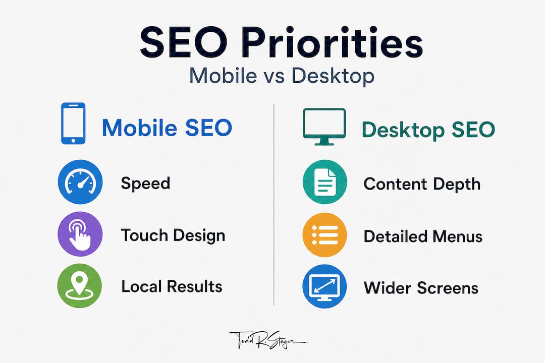 Infographic comparing mobile and desktop SEO priorities