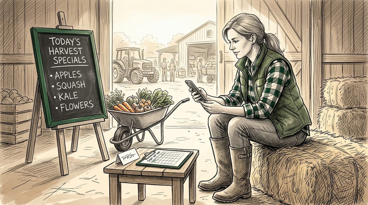 Farm owner checks marketing on smartphone by barn