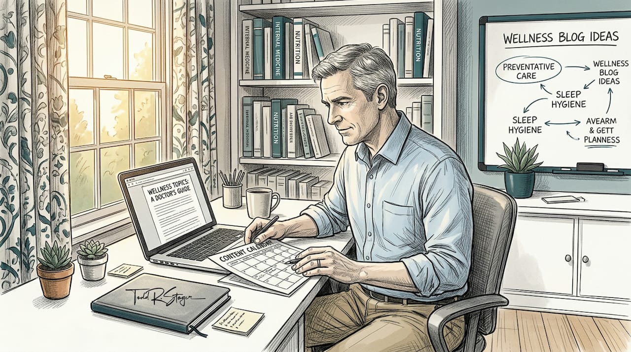 Doctor reviewing content calendar in home office
