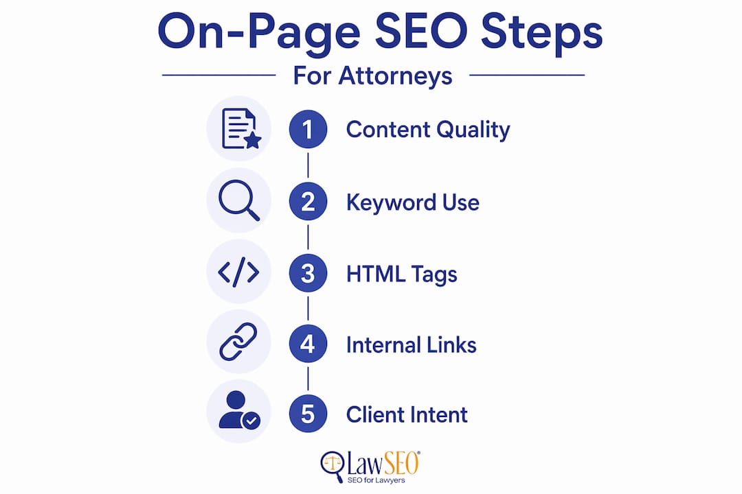 Infographic listing on-page SEO steps for attorneys