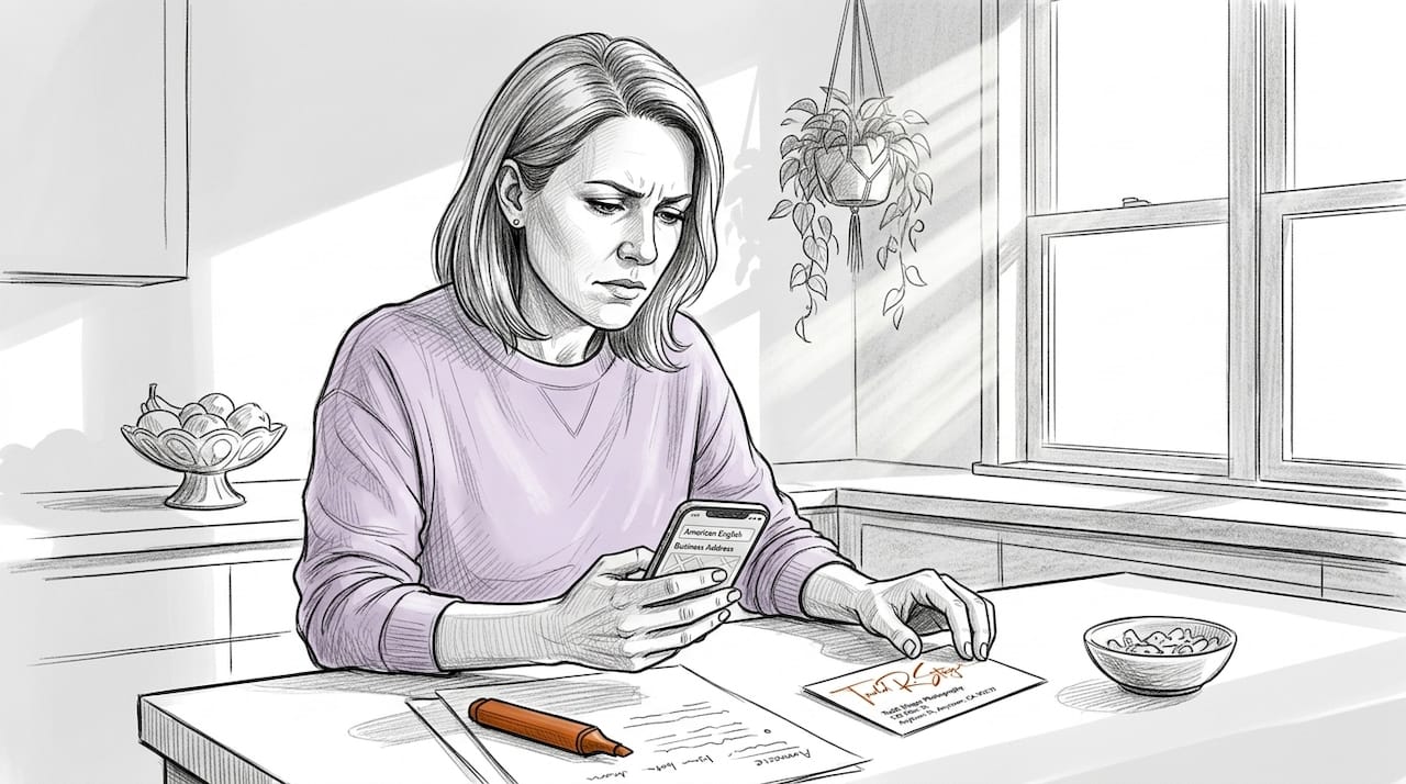 Woman verifying business address details at home