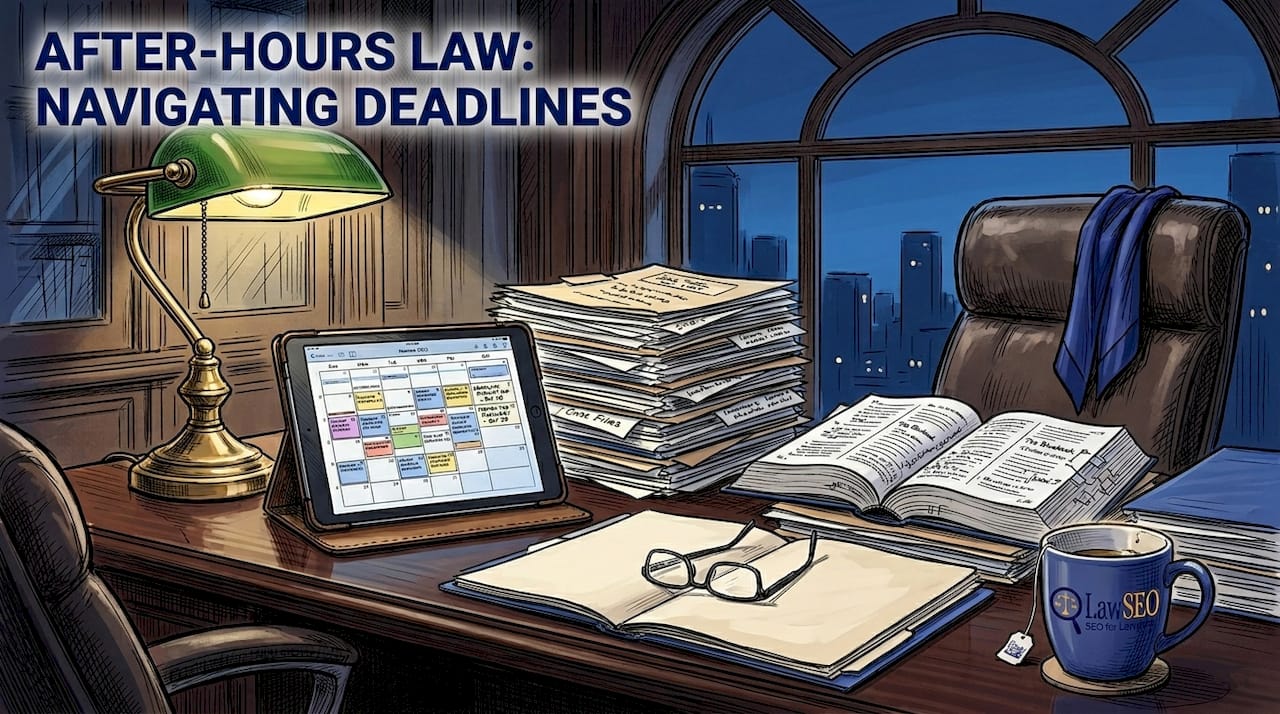 Overwhelmed attorney working late at office