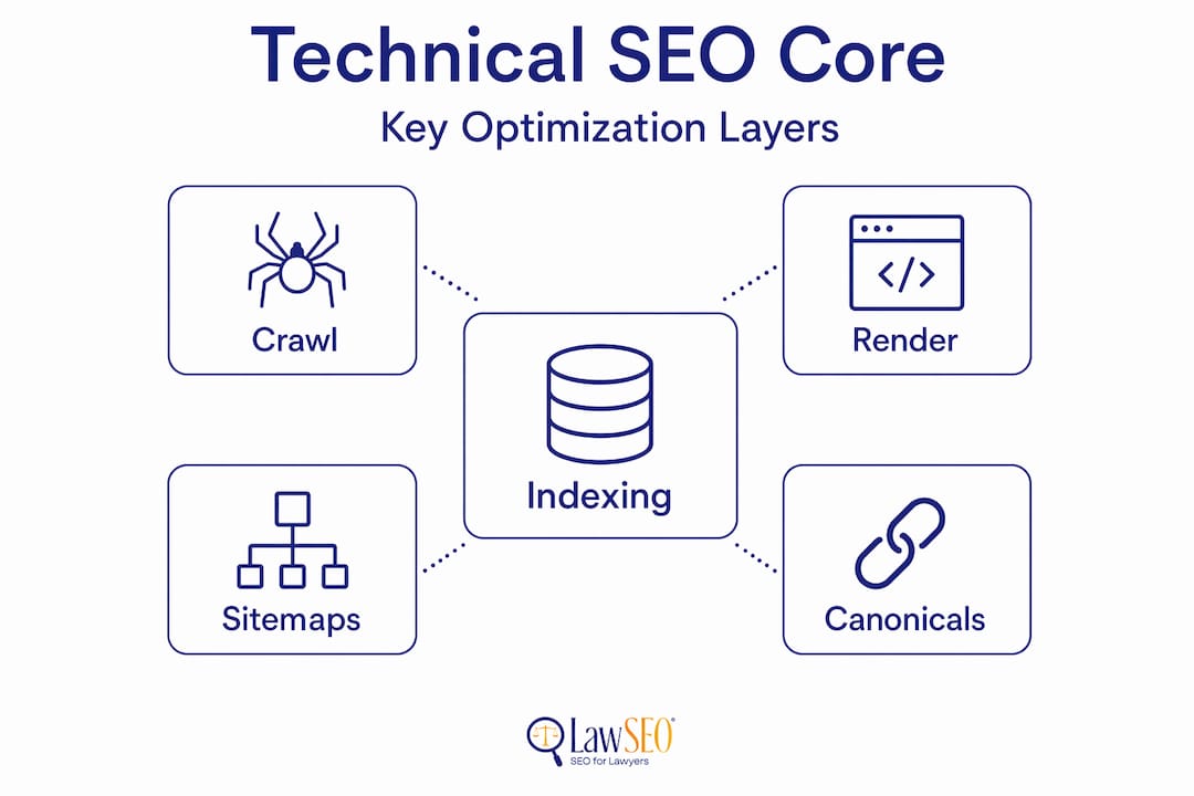 Infographic showing core components of technical SEO