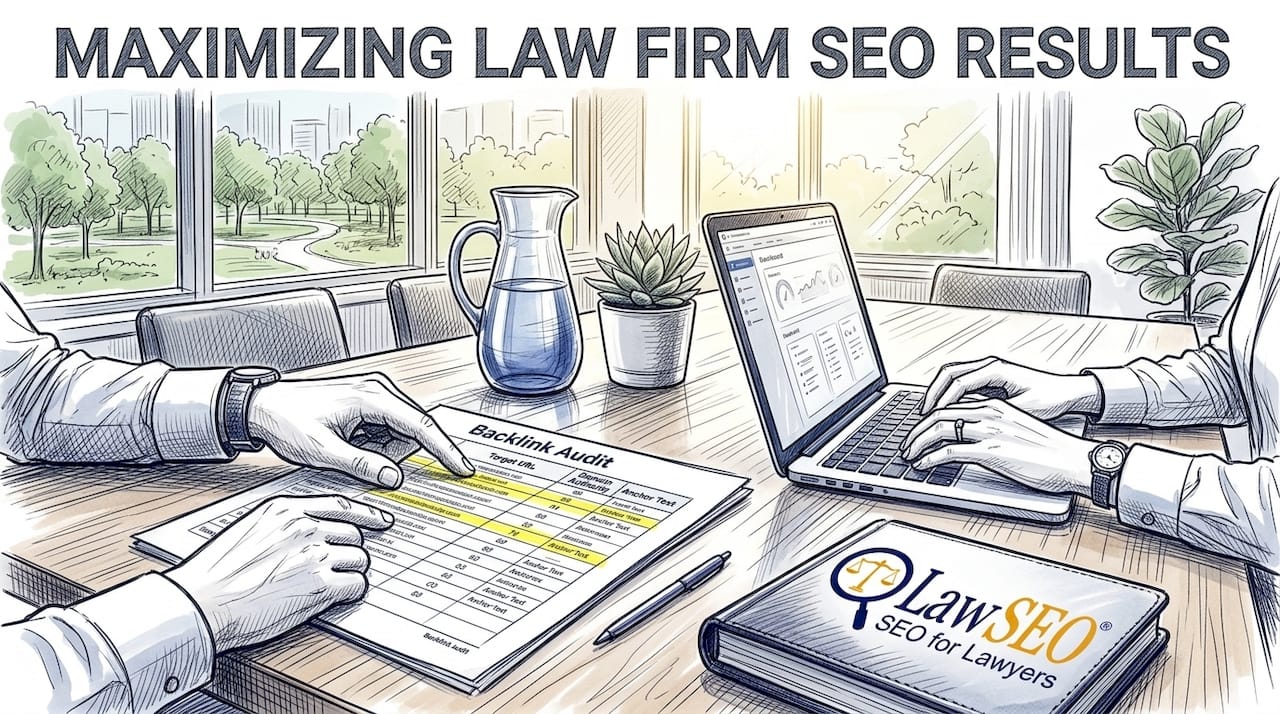 Law firm team reviewing SEO backlink audit
