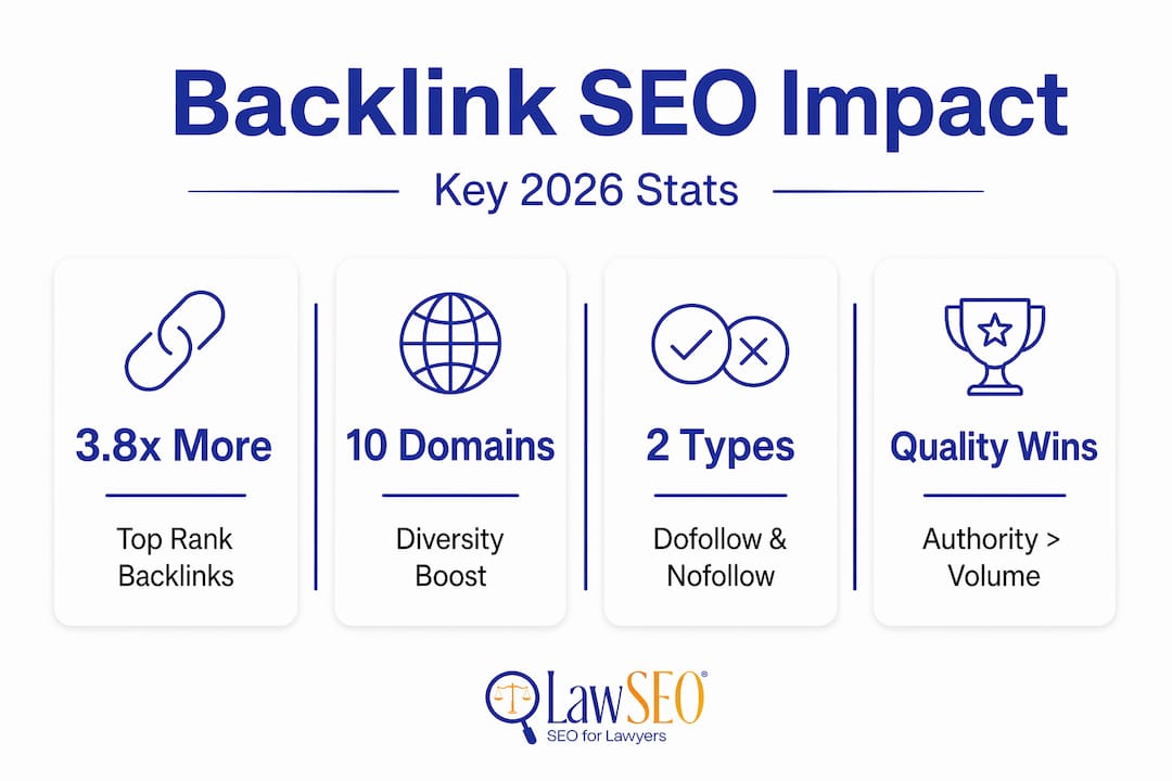 Infographic with backlink SEO impact statistics and key factors