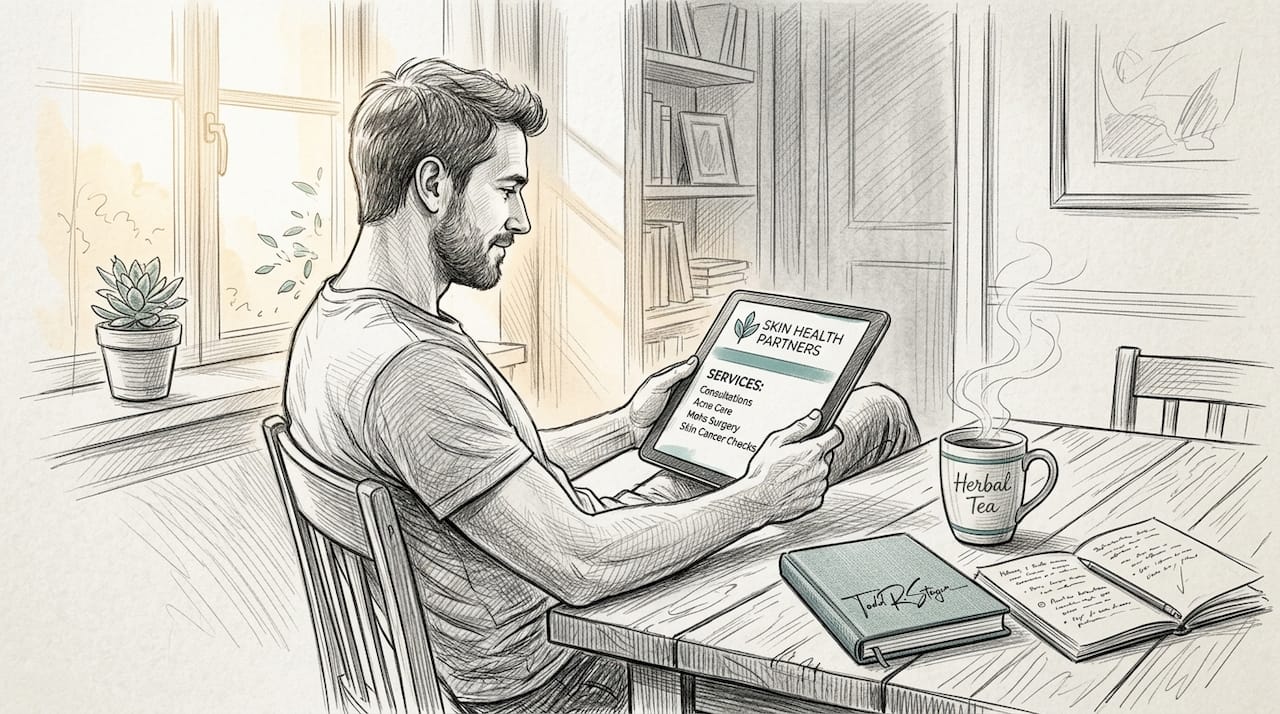 Patient browsing dermatologist website at kitchen table
