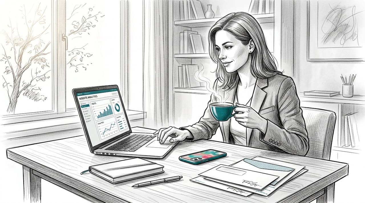 CPA analyzing website analytics at dining table