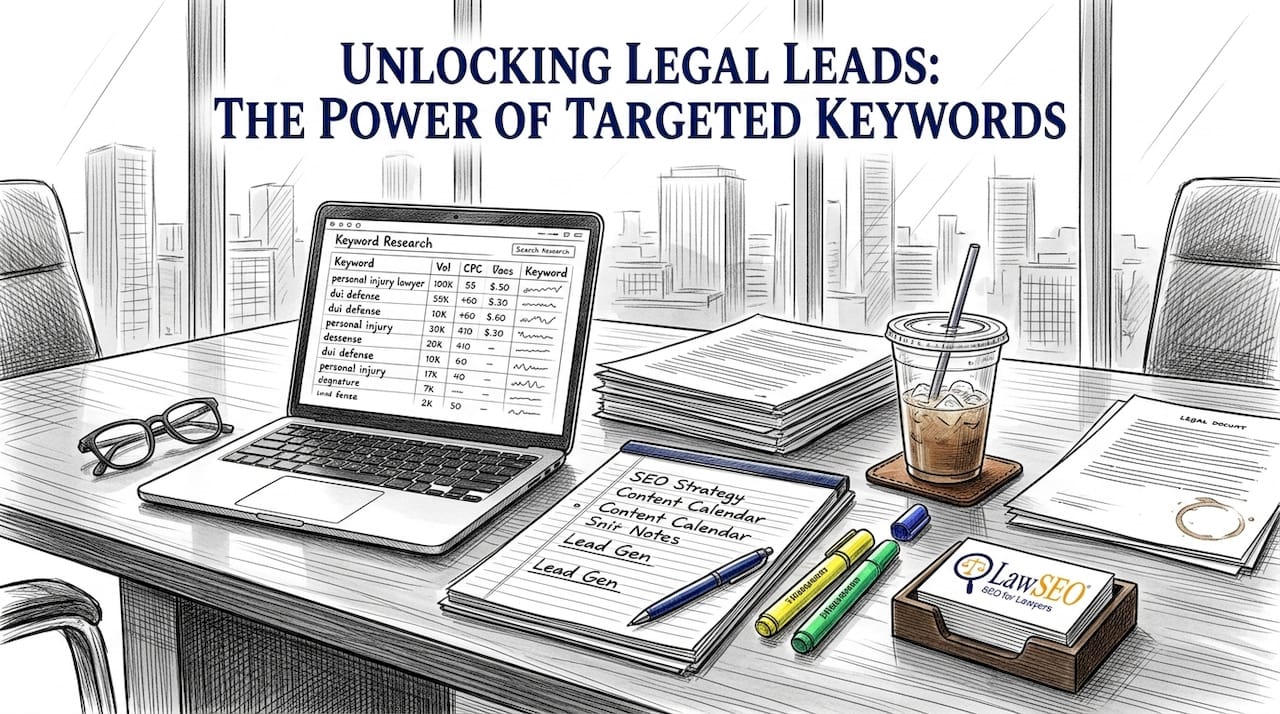 SEO strategist analyzing keywords in law firm meeting room
