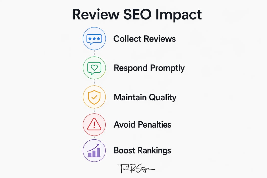 Infographic illustrating review impact steps on SEO
