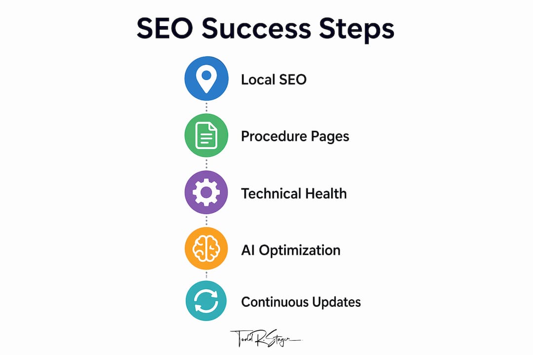 Vertical flow infographic showing SEO success steps