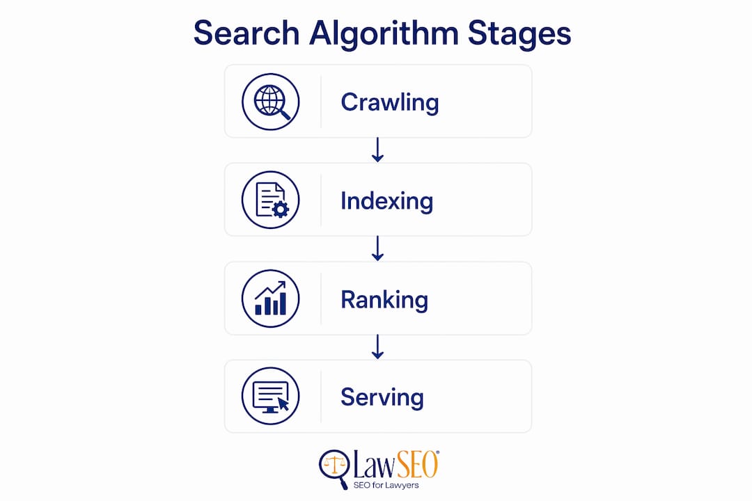 Infographic showing search engine algorithm stages