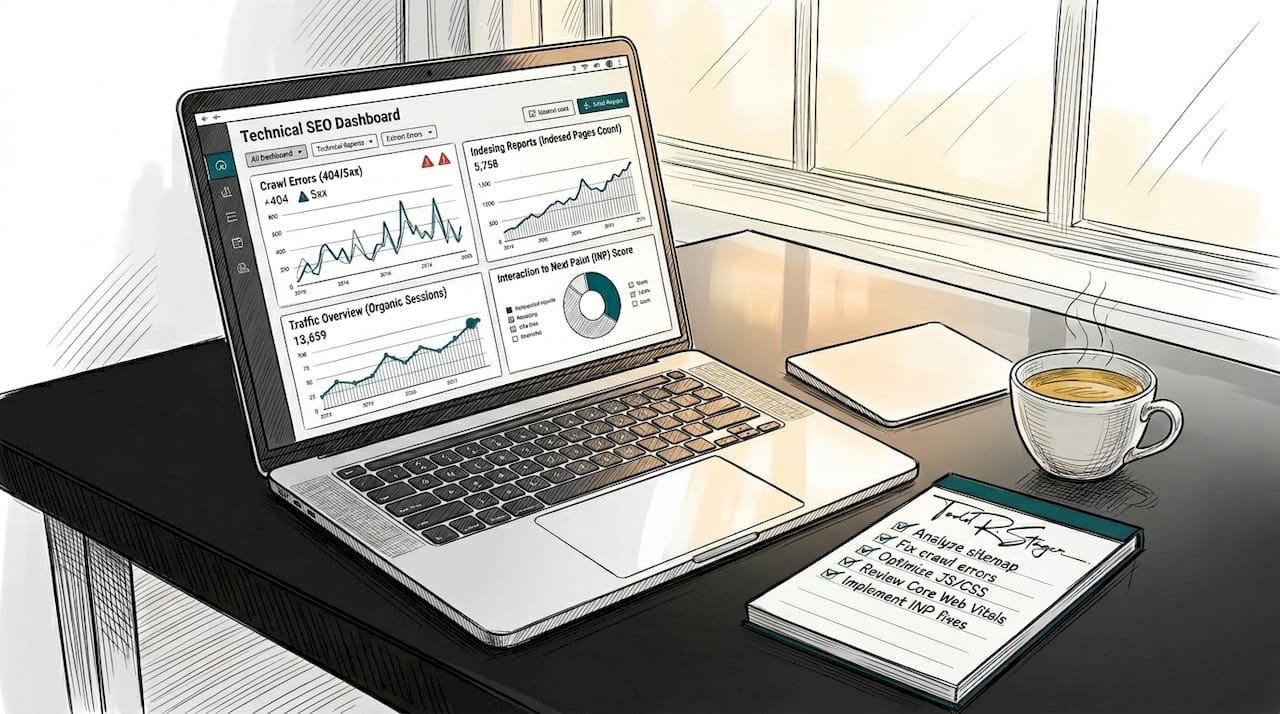 Laptop showing SEO technical maintenance dashboard