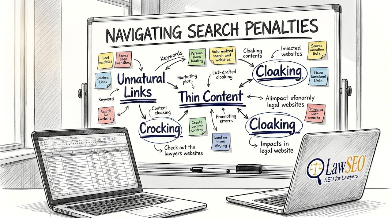 Whiteboard showing SEO penalty categories for law firms