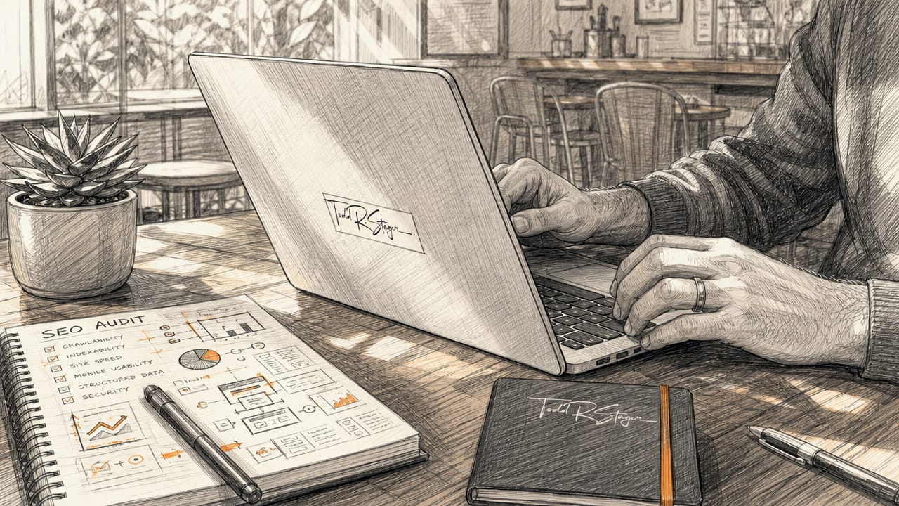 Hands typing SEO audit checklist on keyboard