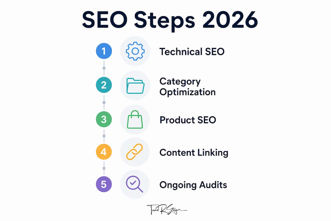 Vertical flow infographic showing SEO steps from technical foundations to ongoing audits