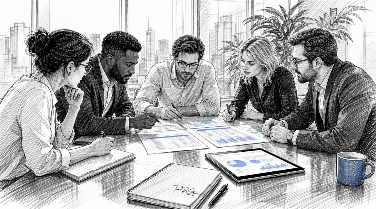 Hands reviewing search visibility metrics documents
