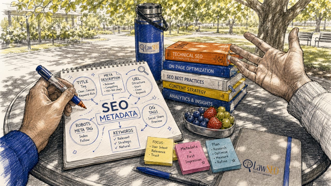 Overhead view of hands collaborating on SEO metadata notes