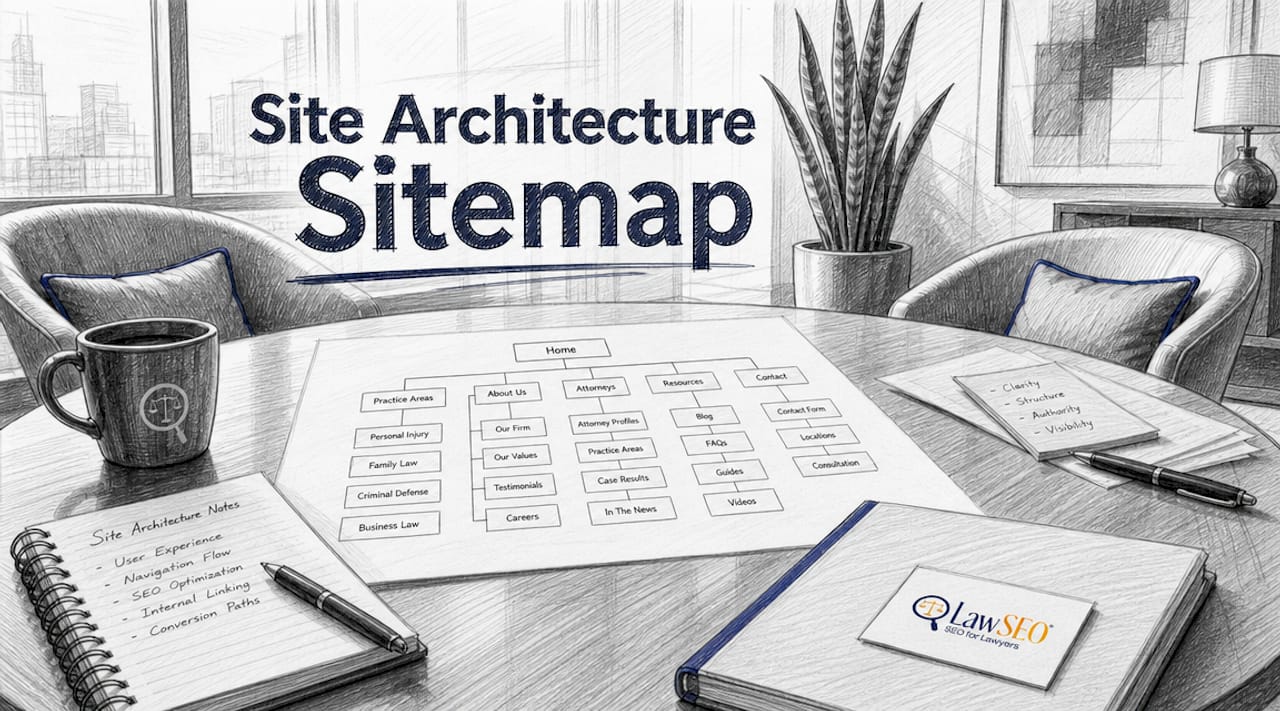 Hands pointing at law firm site architecture sitemap
