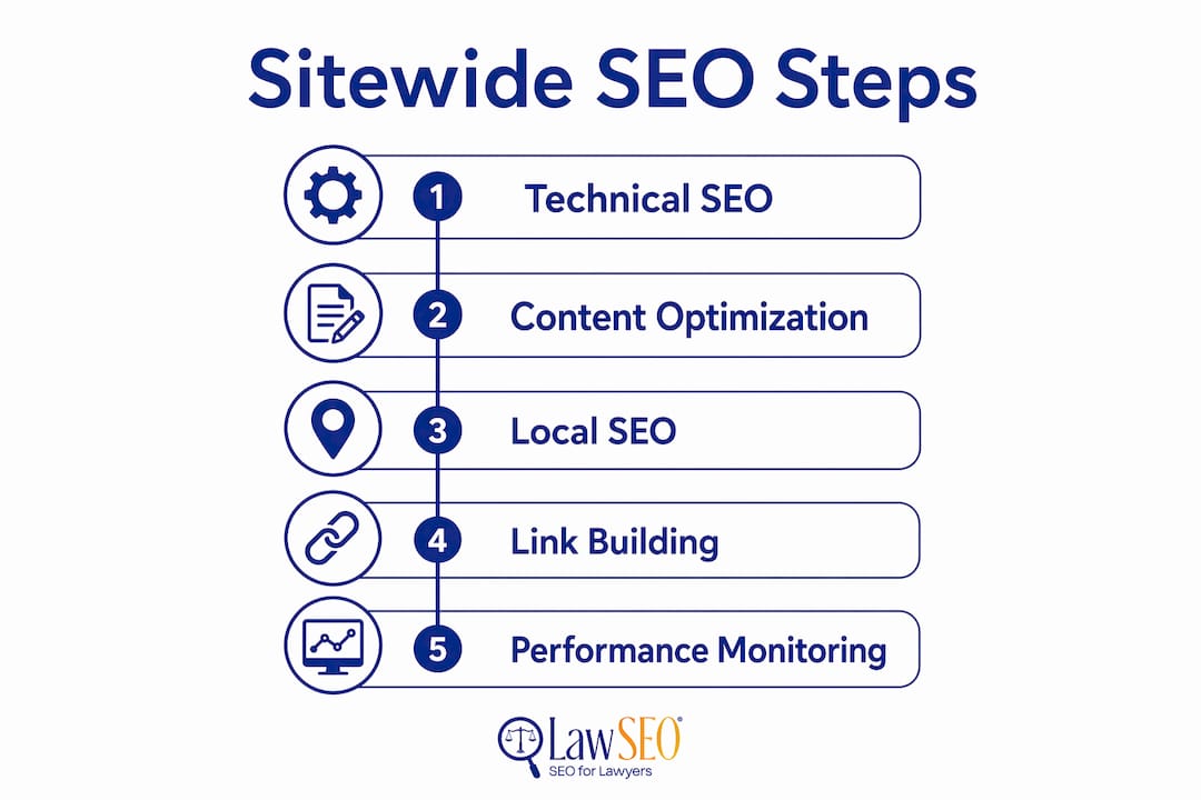 Infographic illustrating sitewide SEO steps for lawyers