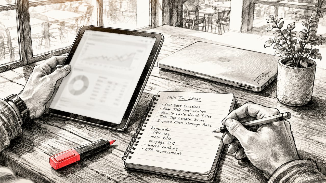 Hands refining title tags on tablet and paper