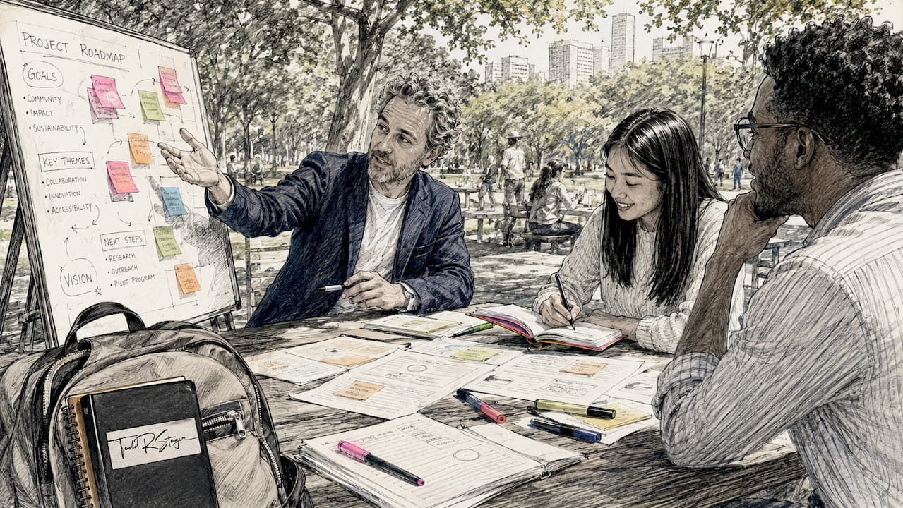 Team reviewing printed service page content structure