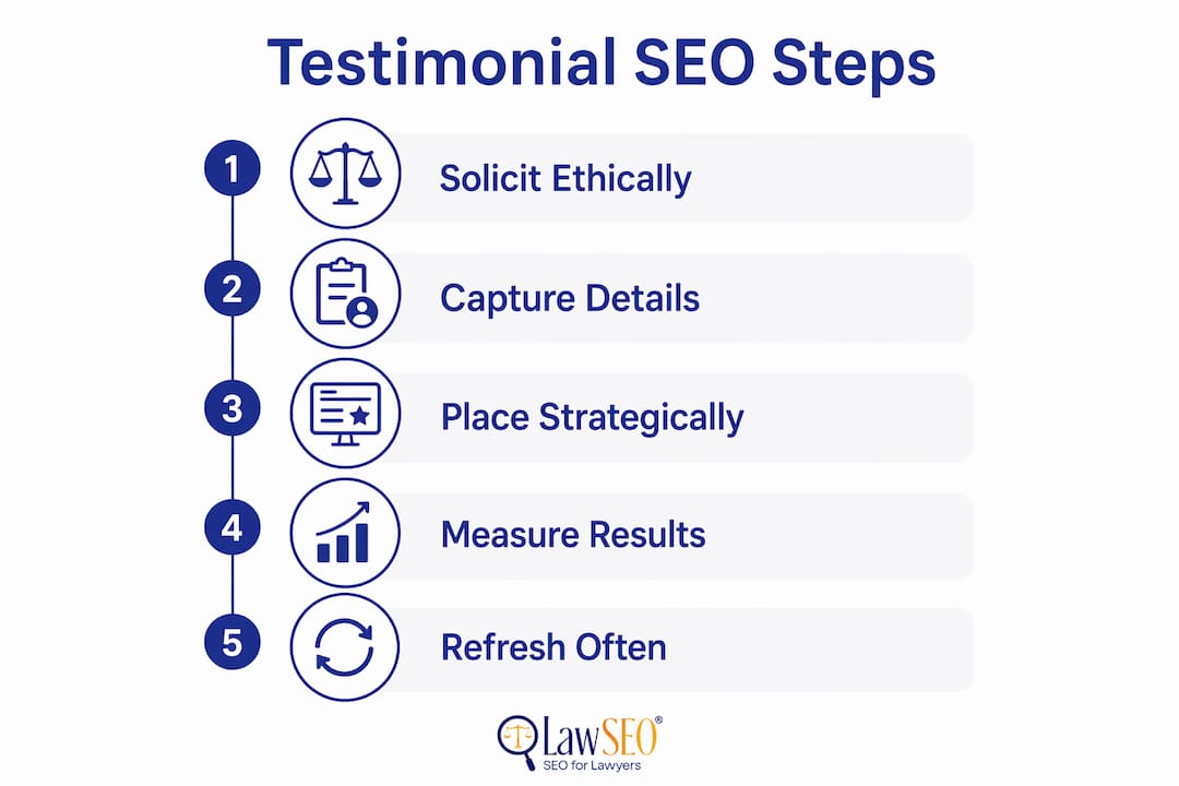 Infographic showing key steps for attorney testimonial SEO success