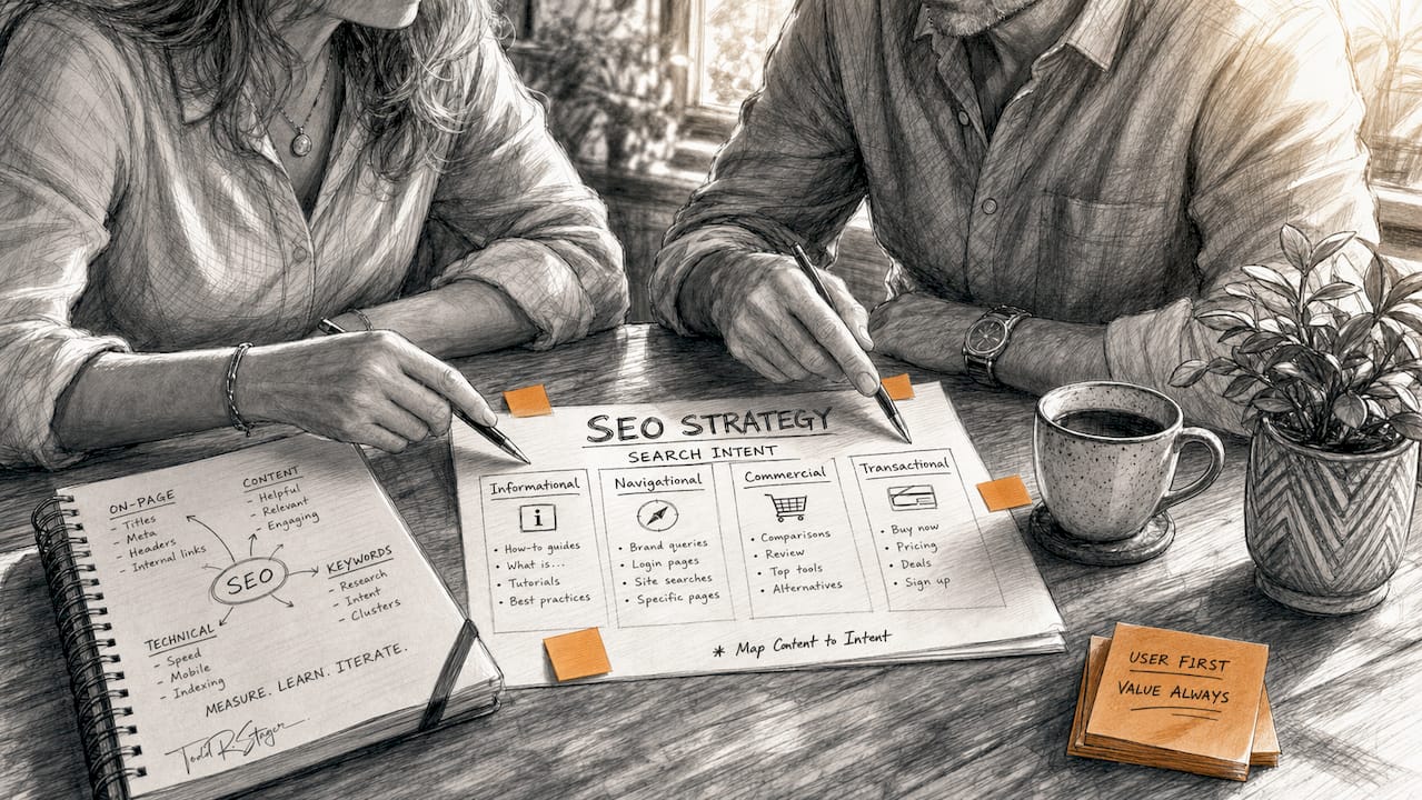 Two professionals discussing search intent types