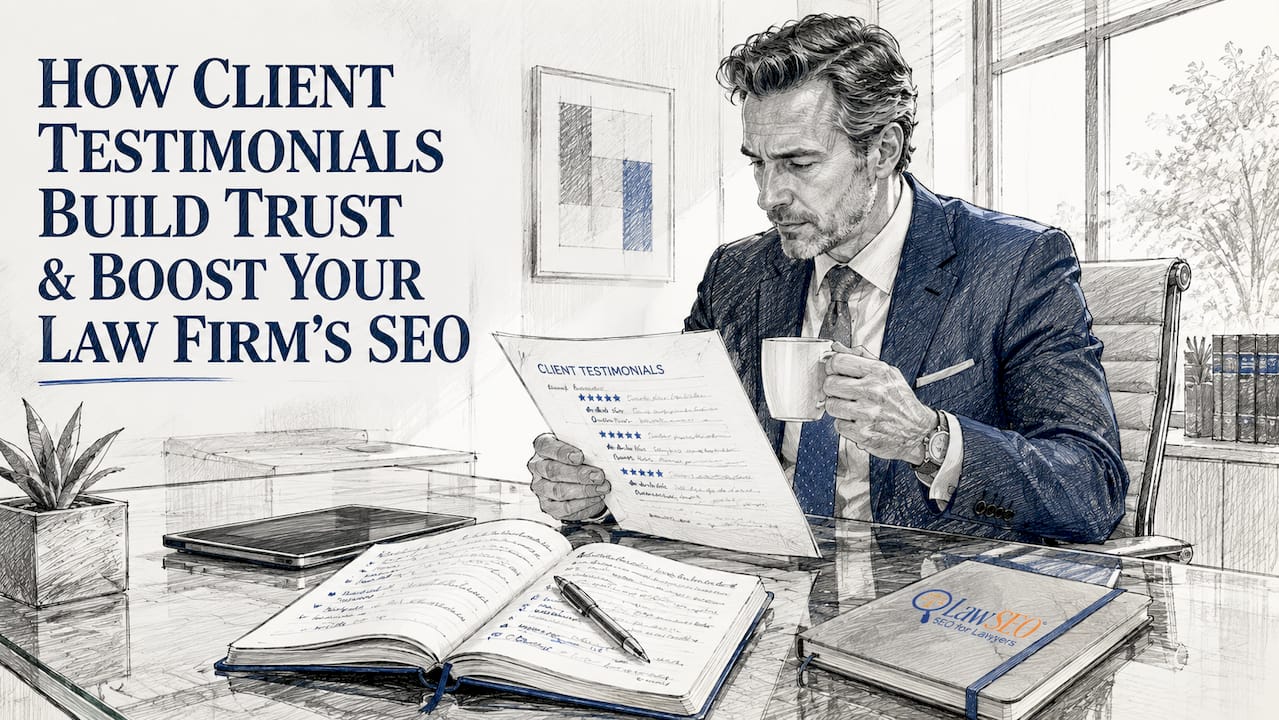 Attorney reading printed client testimonials in office