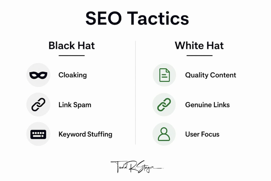 Infographic comparing black hat and white hat SEO techniques