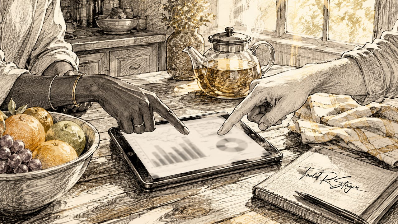 Hands pointing at SEO metrics on tablet