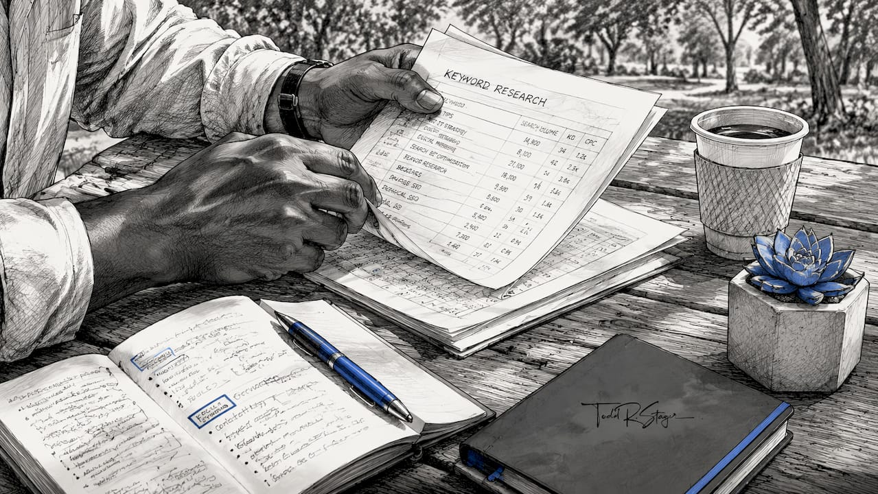 Hands scrolling keyword research in café