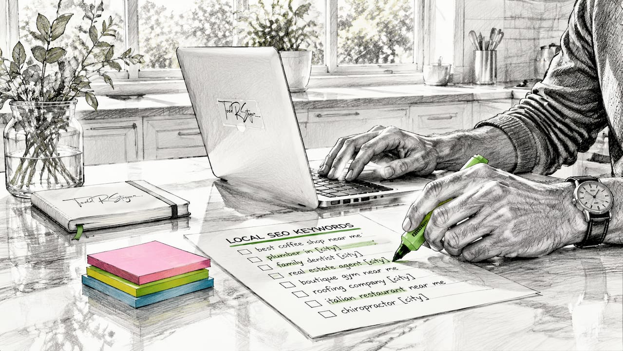 Hands reviewing local SEO keyword notes