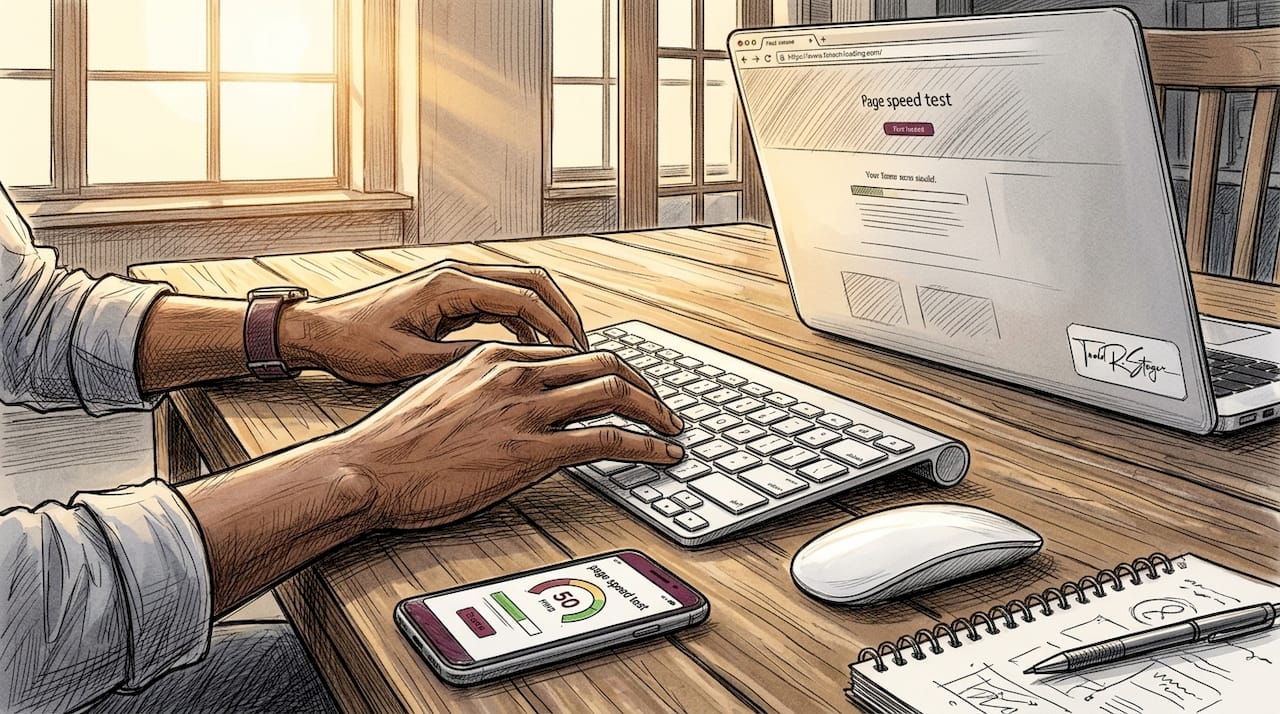 Hands interacting with keyboard and page speed test devices