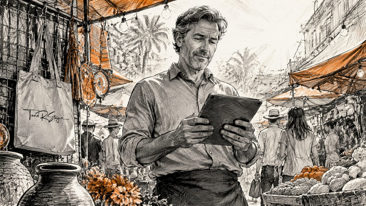 Retail store owner managing online profile on tablet