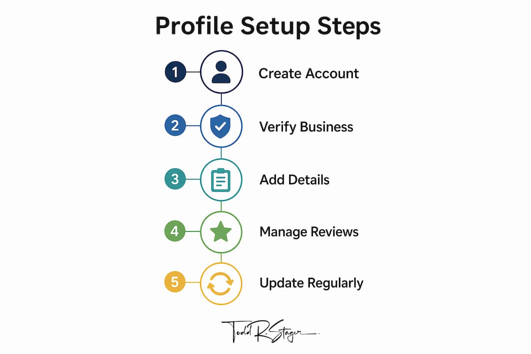 Step-by-step infographic of Google Business Profile setup process
