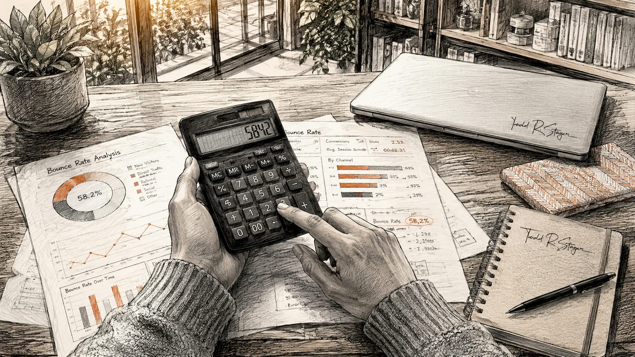 Hands calculating bounce rate with calculator