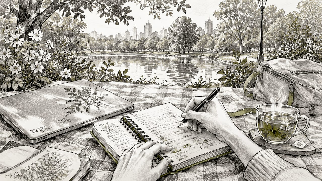 Hands typing and taking notes on content updates