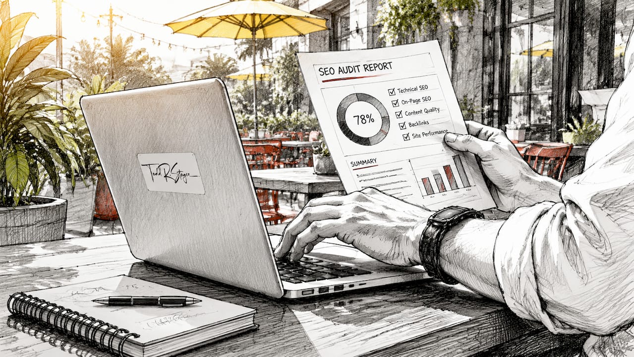 Hands typing SEO analysis on laptop keyboard