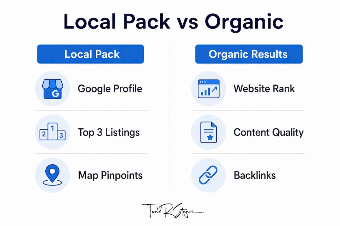Infographic comparing Local Pack and Organic Search results