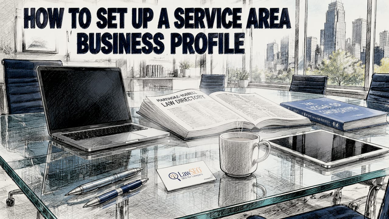 Conference table with devices and documents for business profile setup