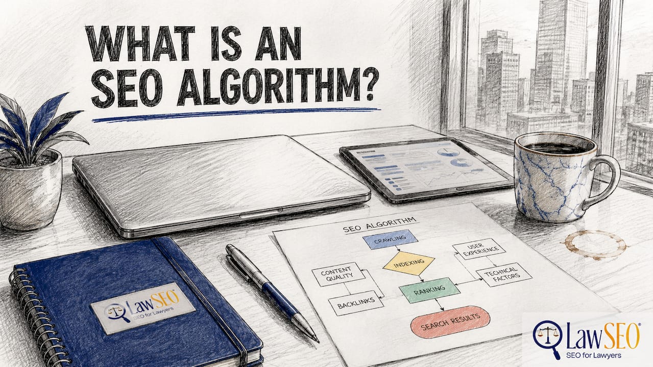 Workspace with laptop, SEO algorithm diagram