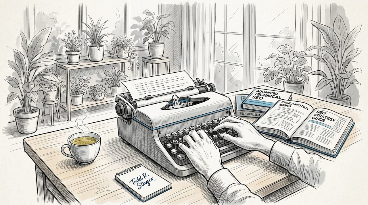 Hands typing SEO fixes beside printed guidelines