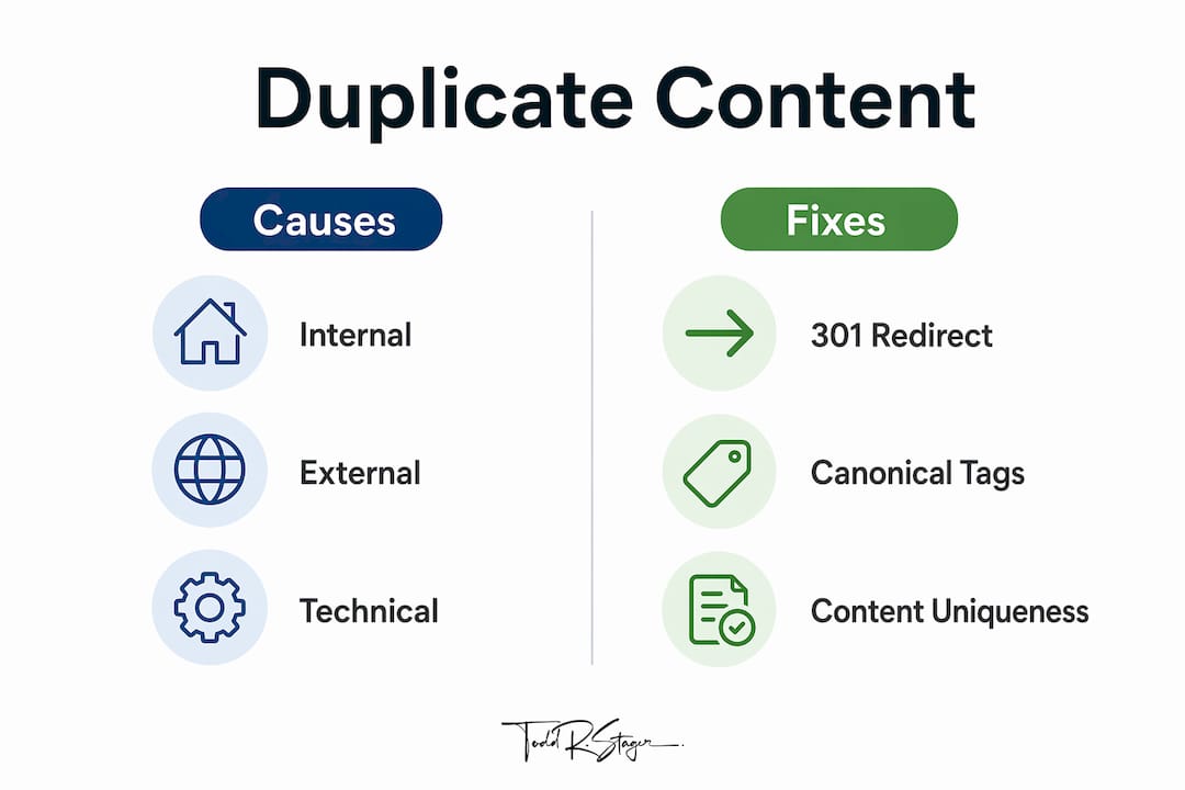 Infographic comparing duplicate content causes and fixes