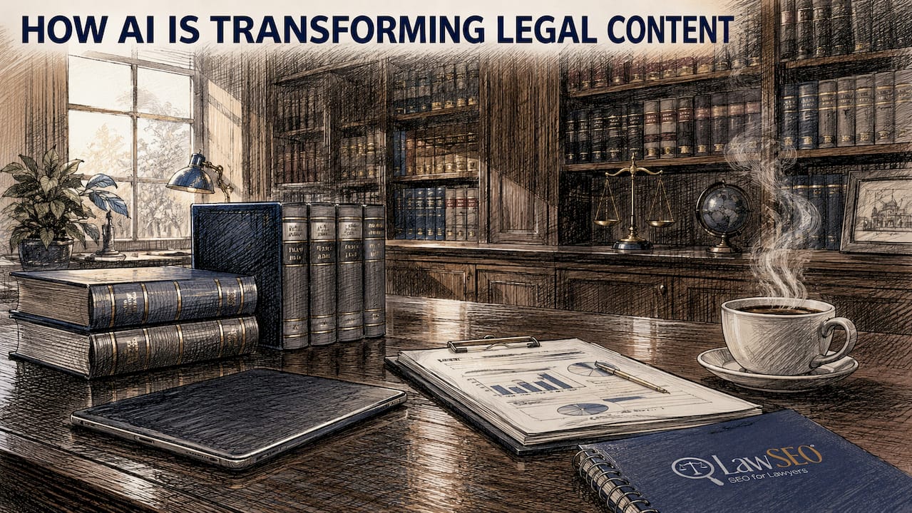 Side view of law office desk with tech and legal books