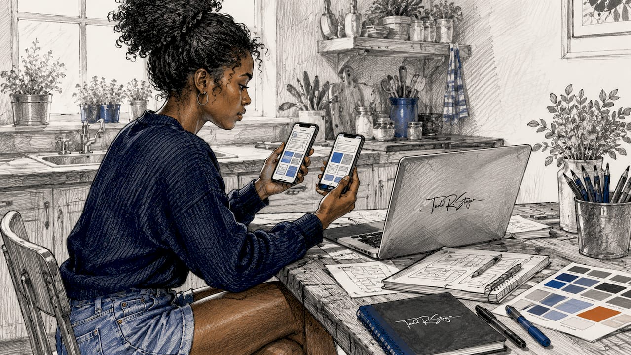 Designer comparing mobile and desktop site layouts