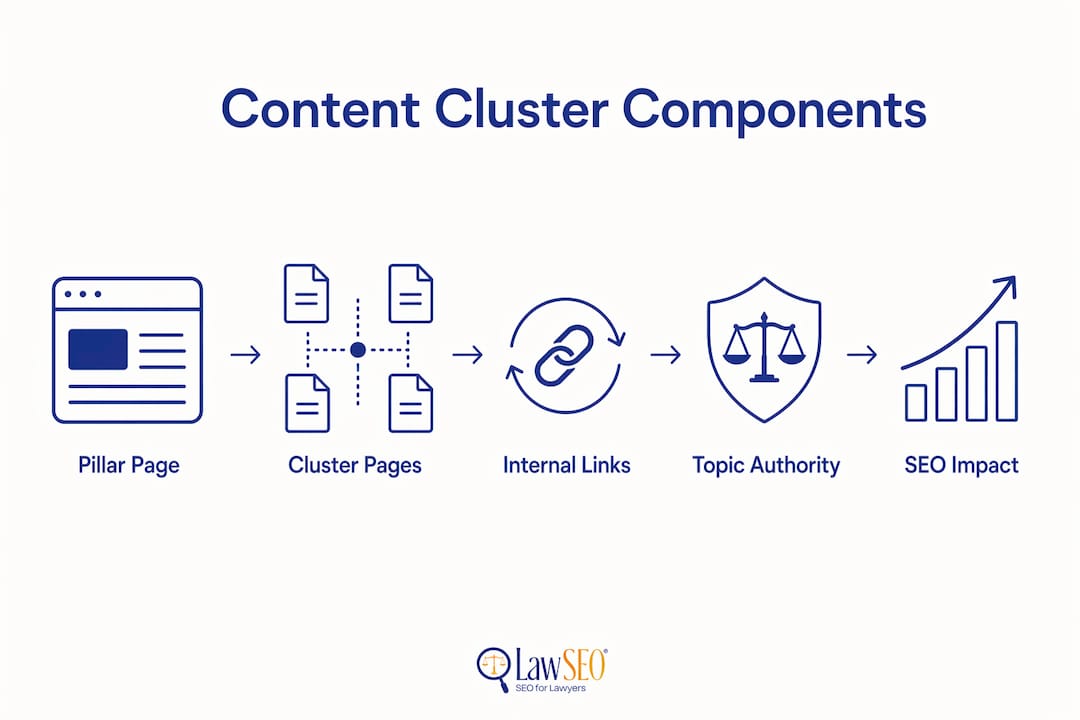 Infographic detailing main components of content clusters in SEO